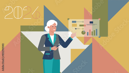 Senior executive presenting 2026 business strategy and financial data charts