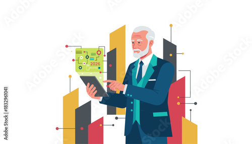 Mature executive analyzing digital data projections 2026 using a modern tablet device