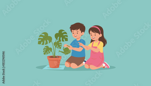Happy children watering a potted plant Gardening growth and environmental responsibility concept