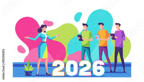 Business team collaboration and future planning for 2026 Abstract flat design illustration
