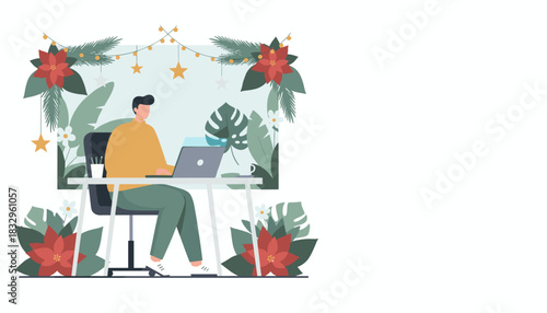 Remote worker uses laptop in a cozy home office decorated for Christmas holidays