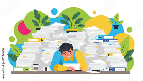 Stressed worker buried under mountains of documents and files suffering from overload