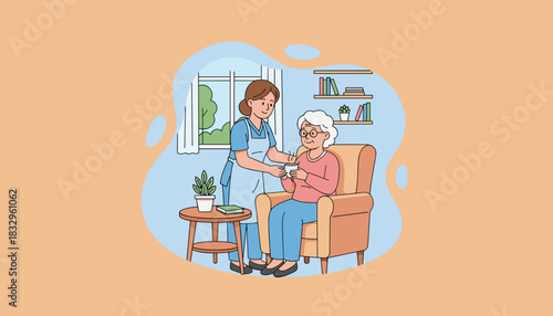 Caregiver helps senior woman sitting in armchair with cup of tea in a comfortable retirement home setting