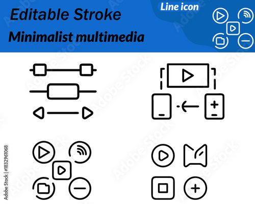 A clean minimalist multimedia icon featuring a play button. Music note and image frame combined in a simple outline style. Smooth lines balanced shapes symbolizing audio video and visual content.