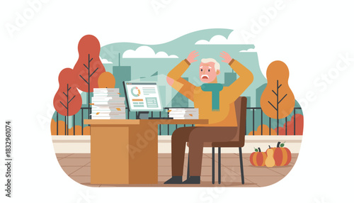 Stressed senior man overwhelmed by paperwork and deadlines working outside in autumn Burnout concept