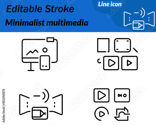 A clean minimalist multimedia icon featuring a play button. Music note and image frame combined in a simple outline style. Smooth lines balanced shapes symbolizing audio video and visual content.