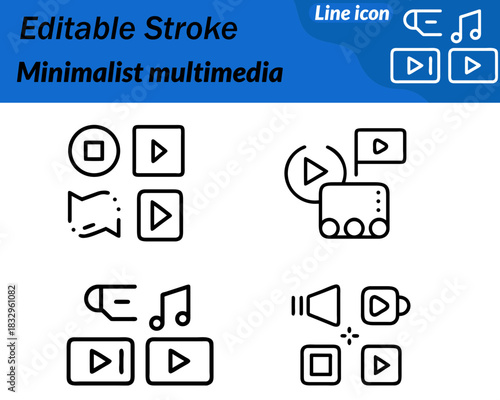 A clean minimalist multimedia icon featuring a play button. Music note and image frame combined in a simple outline style. Smooth lines balanced shapes symbolizing audio video and visual content.