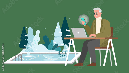 Elderly businessman using technology outdoors in stylized winter setting Digital connectivity