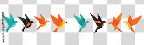 Colorful origami birds in flight against a checkered background create a modern geometric pattern