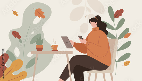 Woman relaxing with digital devices and coffee in a cozy autumnal setting remote work concept