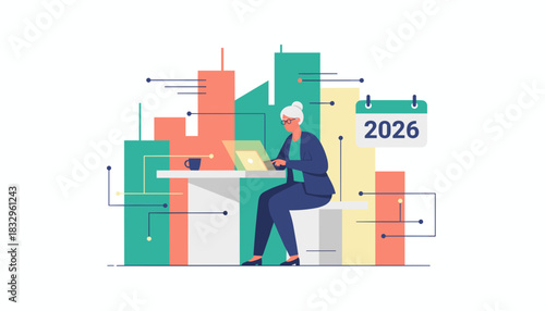 Corporate woman planning future business strategy on laptop with 2026 calendar