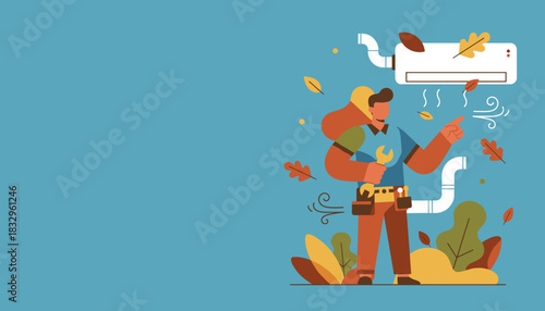 HVAC technician repairing AC unit during autumn Home climate control maintenance service illustration