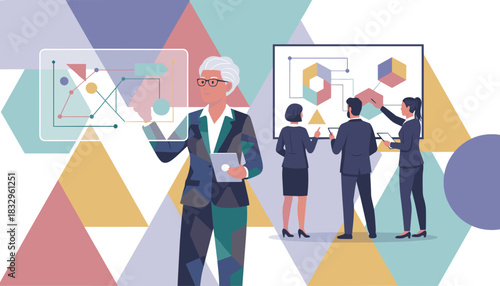 Business strategy meeting with diverse team analyzing data charts on digital and holographic displays