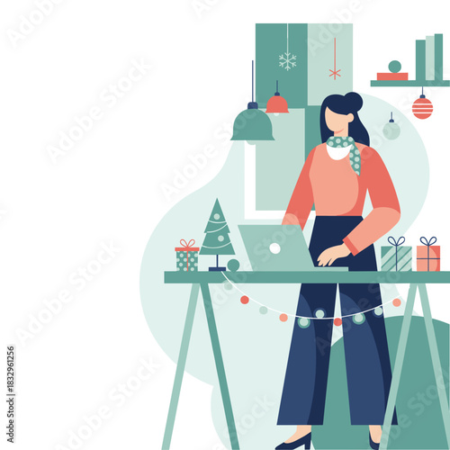 Remote worker using laptop at a Christmasdecorated home office Holiday business concept