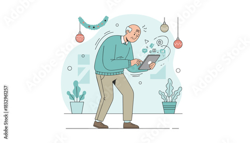 Stressed elderly man tries to use a confusing tablet device amid digital complexity icons