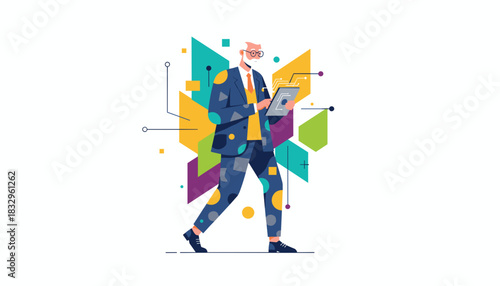 Senior professional navigating digital data with a tablet surrounded by abstract geometric tech graphics