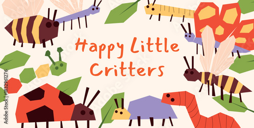 Childlike Colourful Insects with Butterfly, Caterpillar, Bee, Beetle and Worm. Geometric Childish Bug Cartoon characters create a cheerful kids design. Flat Vector Illustration.