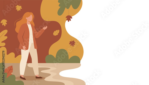 Elegant woman standing in abstract autumn park background Minimalist fall design with copy space