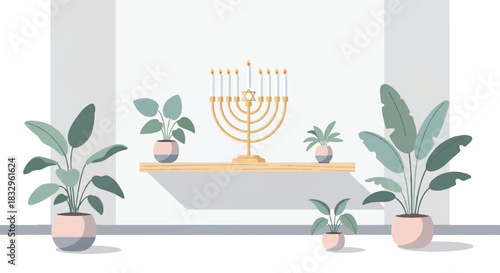Illustration of a menorah on a shelf surrounded by potted plants in a modern interior with a minimalist aesthetic and warm tones.