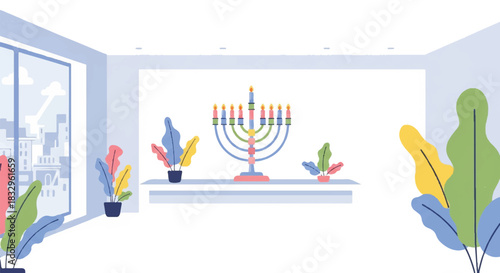 Illustration of a menorah on a shelf with potted plants in a modern room with a city view through a window.