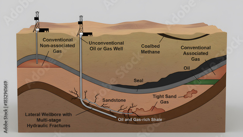 Cross-section diagram illustrating different types of Oil and Gas Reservoirs, including conventional and unconventional sources like shale gas, coalbed methane, and lateral wellbore