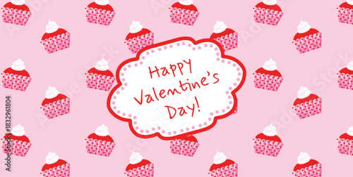 Pink cupcakes with heart sprinkles on soft pastel background and Happy Valentines Day greeting in cute frame. Sweet festive pattern for holiday cards, posters and social media
