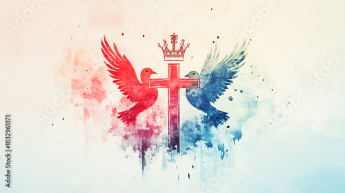 Holy Trinity symbols with crown, cross, and dove silhouettes on a soft watercolor backdrop, spiritual Christian illustration, clean devotional artwork ideal 