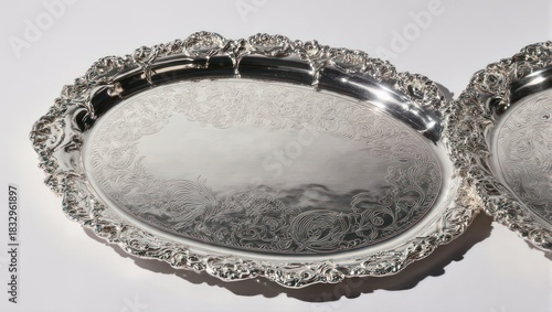 Ornate Silver Platter with Intricate Floral Edging on White Background.