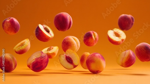 Falling Peach or nectarines isolated on orange background