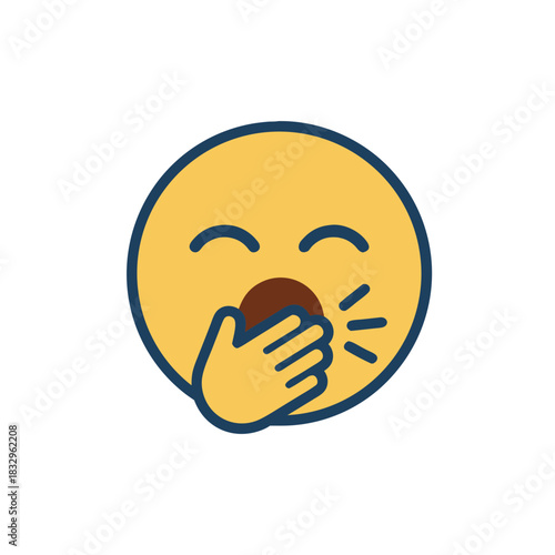 Yellow emoji face yawning with eyes closed covering mouth with hand flat vector art minimalist clean