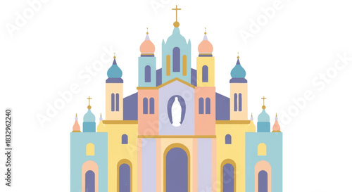 Flat illustration of a colorful church with multiple domes and a cross on top against a white background.