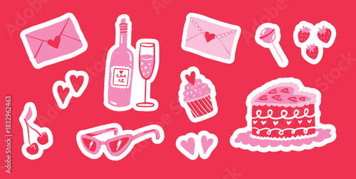 Valentine doodle sticker set with cake, cupcake, hearts, love letters, bottle, glasses, cherries and strawberries. Playful hand drawn elements for cards, posters and prints.