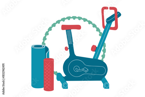 Set of home fitness equipment in flat style: exercise bike, hula hoop, yoga mat and foam roller. Vector illustration for sport, health and workout concepts.