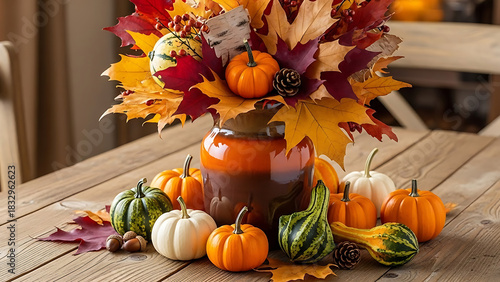 Festive Autumn Table Display with Gourds Pumpkins and Foliage