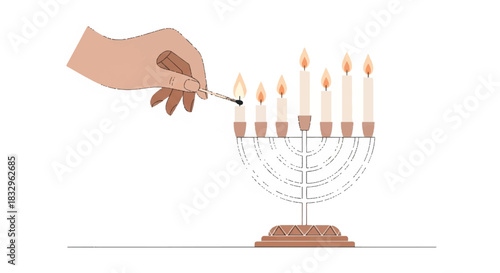 A hand lighting a menorah with a match on a clean white background with warm tones.