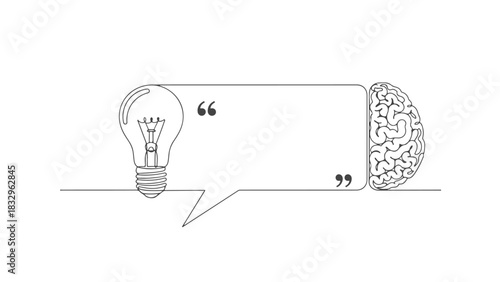 Continuous one line art illustration of a light bulb and brain inside a speech bubble, symbolizing ideas and innovation