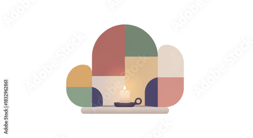 A colorful abstract illustration of a lit candle on a tray surrounded by multicolored rounded shapes against a white background with a warm and cozy mood.