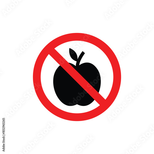 Bold “no apple” prohibition icon featuring a black apple silhouette crossed by a red circle. Clear, minimal, and easy-to-read warning symbol suitable for labels, signs, safety guides, and digital use.