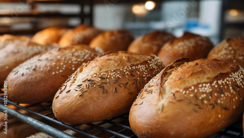 Warm artisanal bread loaves fresh from the oven bakery menus or healthy eating campaigns
