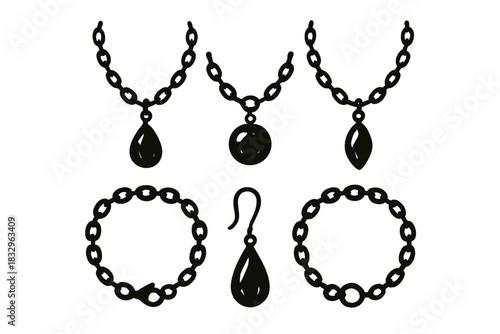 Unique jewelry designs featuring necklaces and bracelets with elegant pendants and links displayed on a white background