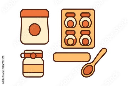 Various kitchen items for making preserves and jams, featuring jars, jars of ingredients, and a wooden spoon
