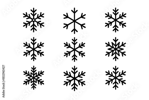 Unique designs of snowflakes arranged in a three by three grid showcasing various styles and patterns in black color