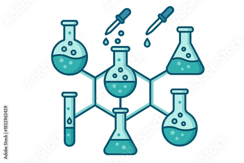 Colorful laboratory scene showing various glassware and pipettes in a science experiment setup