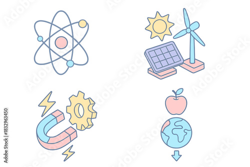 Illustrations depicting various concepts of science, energy, and sustainability in a colorful and engaging way