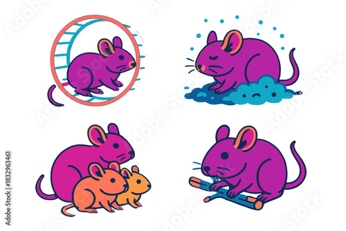Colorful illustrations of playful and resting mice in various poses showcasing their lively nature and companionship in a whimsical style
