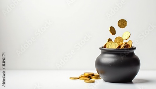 Black pot filled with golden coins, with additional coins falling beside it, creating a sense of abundance and prosperity, ideal for financial themes and concepts, St. Patrick's Day, copy space