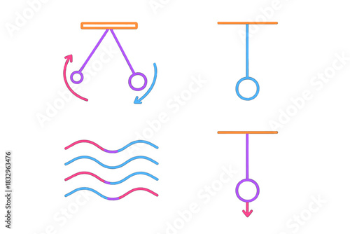 Simple line drawings of pendulum movements and waves displayed on a plain background