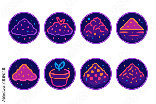 Set of colorful icons depicting various types of soil and plants in a whimsical design