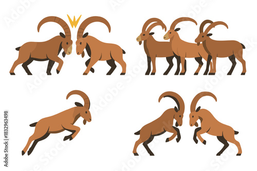 Goats engaging in playful competition and social interactions in a natural setting