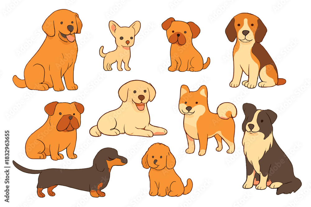 Fototapeta premium Various cartoon dogs in an engaging and cheerful arrangement showcasing different breeds and sizes